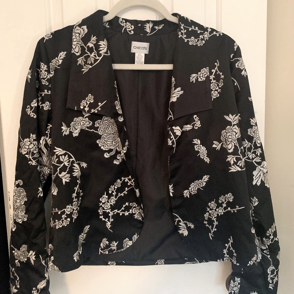 Chico's Black Embroidered Evening Jacket, Size 1